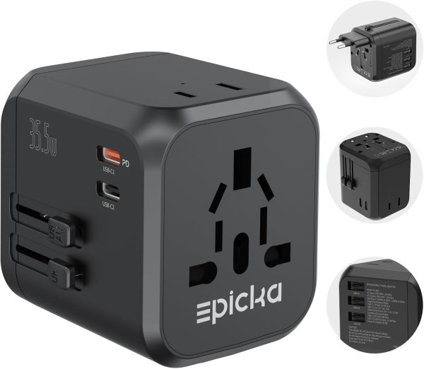 EPICKA 35W Universal Travel Adapter with 2 AC Outlet, European Travel Plug Adapter with PD Fast Charging, 6-Port (2 AC/2 USB-C/3 USB-A) International Power Adapter - Travel Essentials (TA-205, Black)