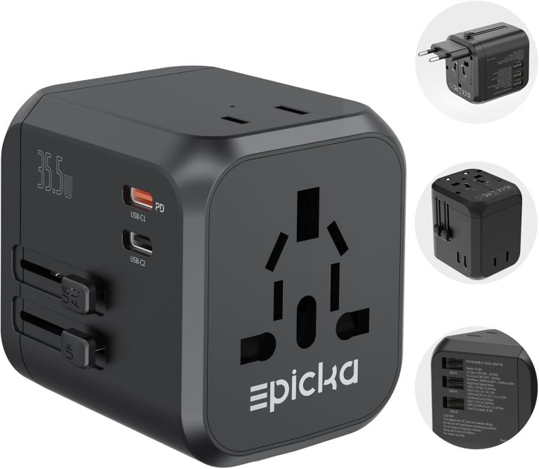 EPICKA 35W Universal Travel Adapter with 2 AC Outlet, European Travel Plug Adapter with PD Fast Charging, 6-Port (2 AC/2 USB-C/3 USB-A) International Power Adapter – Travel Essentials (TA-205, Black)
