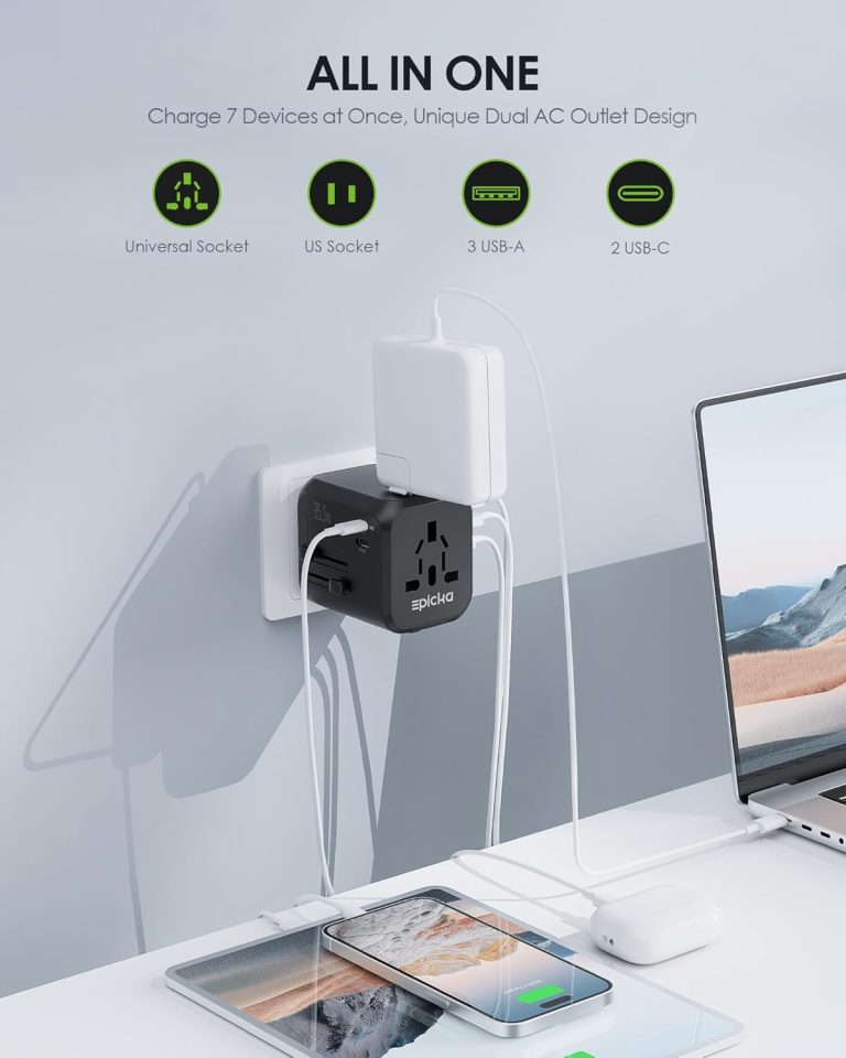 EPICKA 35W Universal Travel Adapter with 2 AC Outlet, European Travel Plug Adapter with PD Fast Charging, 6-Port (2 AC/2 USB-C/3 USB-A) International Power Adapter – Travel Essentials (TA-205, Black)